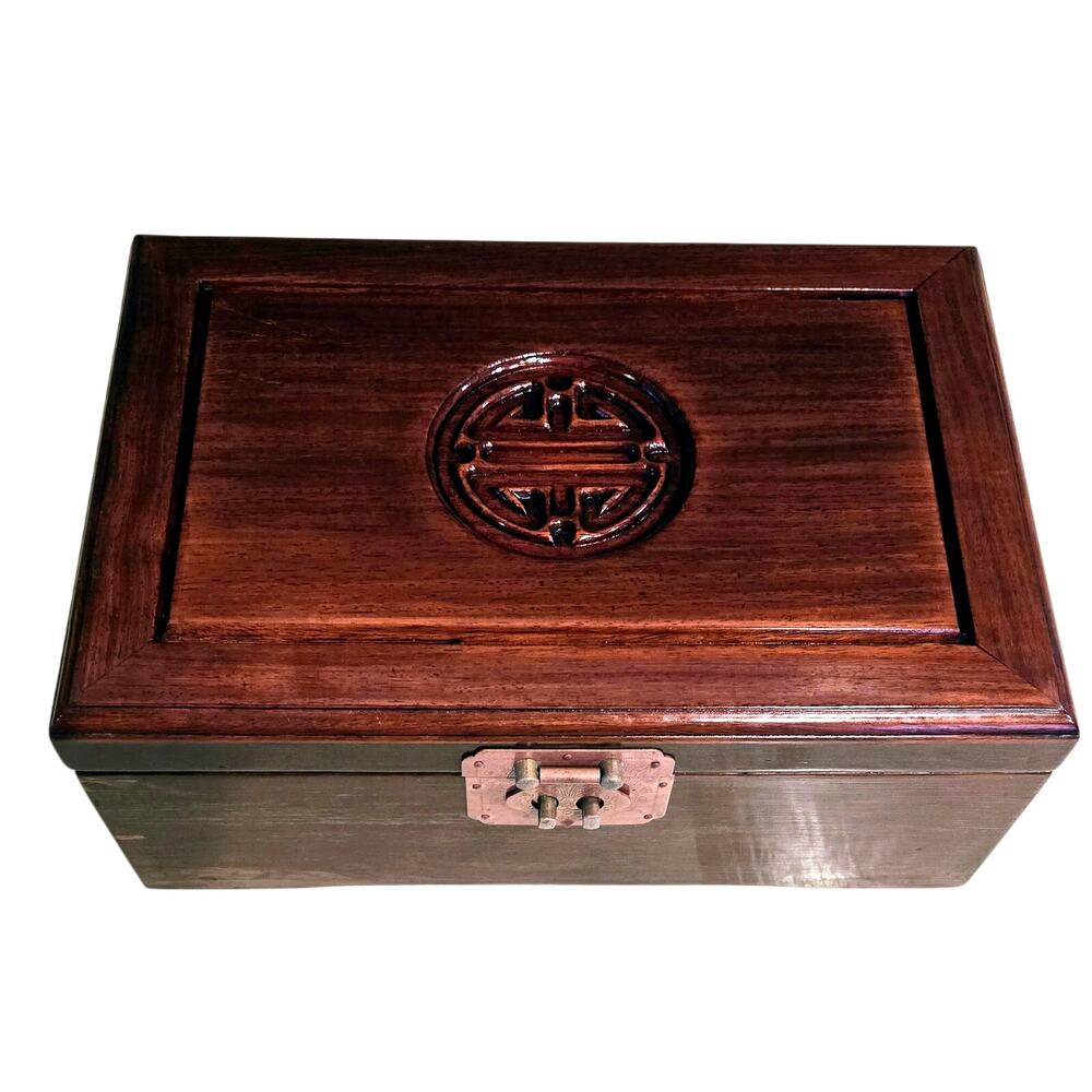 Vintage Asian Rosewood Jewelry Box Red Velvet Interior 12x8x5